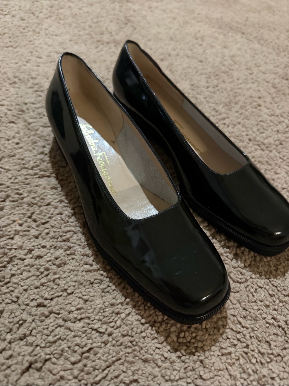 Salvatore Ferragamo Black Patent Leather Square-Toe Flats